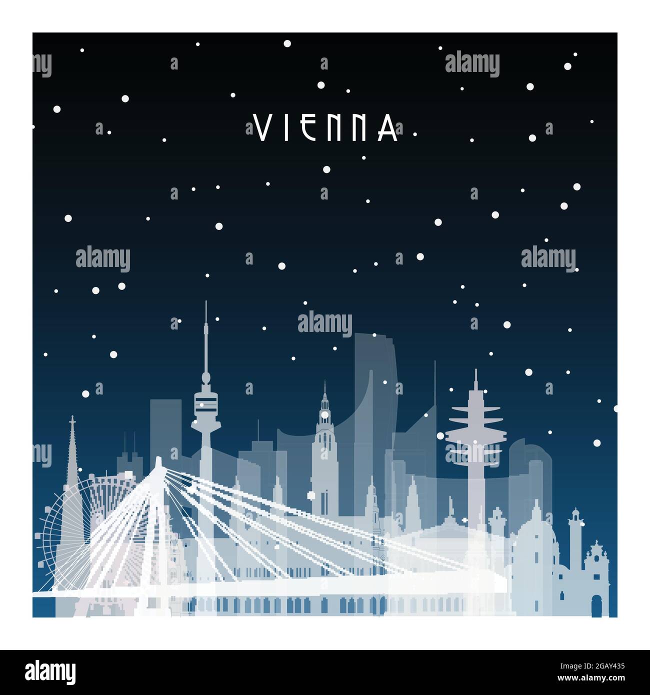 Nuit d'hiver à Vienne. Ville nocturne de style plat pour bannière, affiche, illustration, arrière-plan. Illustration de Vecteur