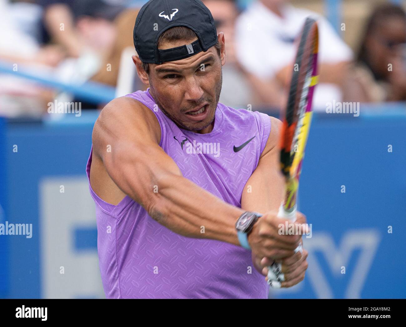 Washington, États-Unis d'Amérique. 31 juillet 2021. Rafael Nadal est  photographié lors d'une séance d'entraînement à l'Open de Citi le samedi 31  juillet 2021 au Rock Creek Park tennis Center à Washington, DC