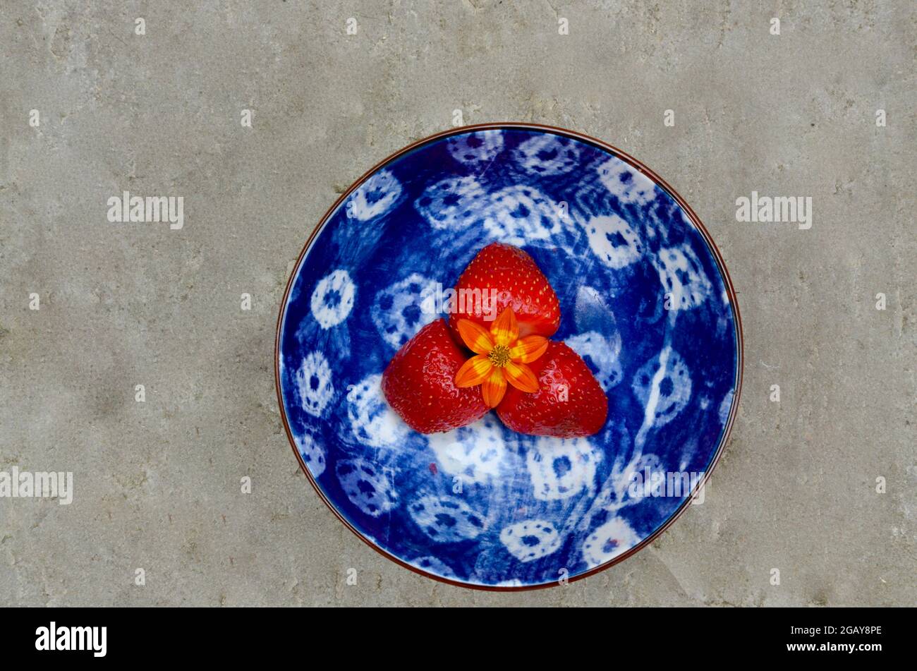 Ma composition > fraises, fleurs et bol bleu. Tout cela depuis ma propre maison. Banque D'Images