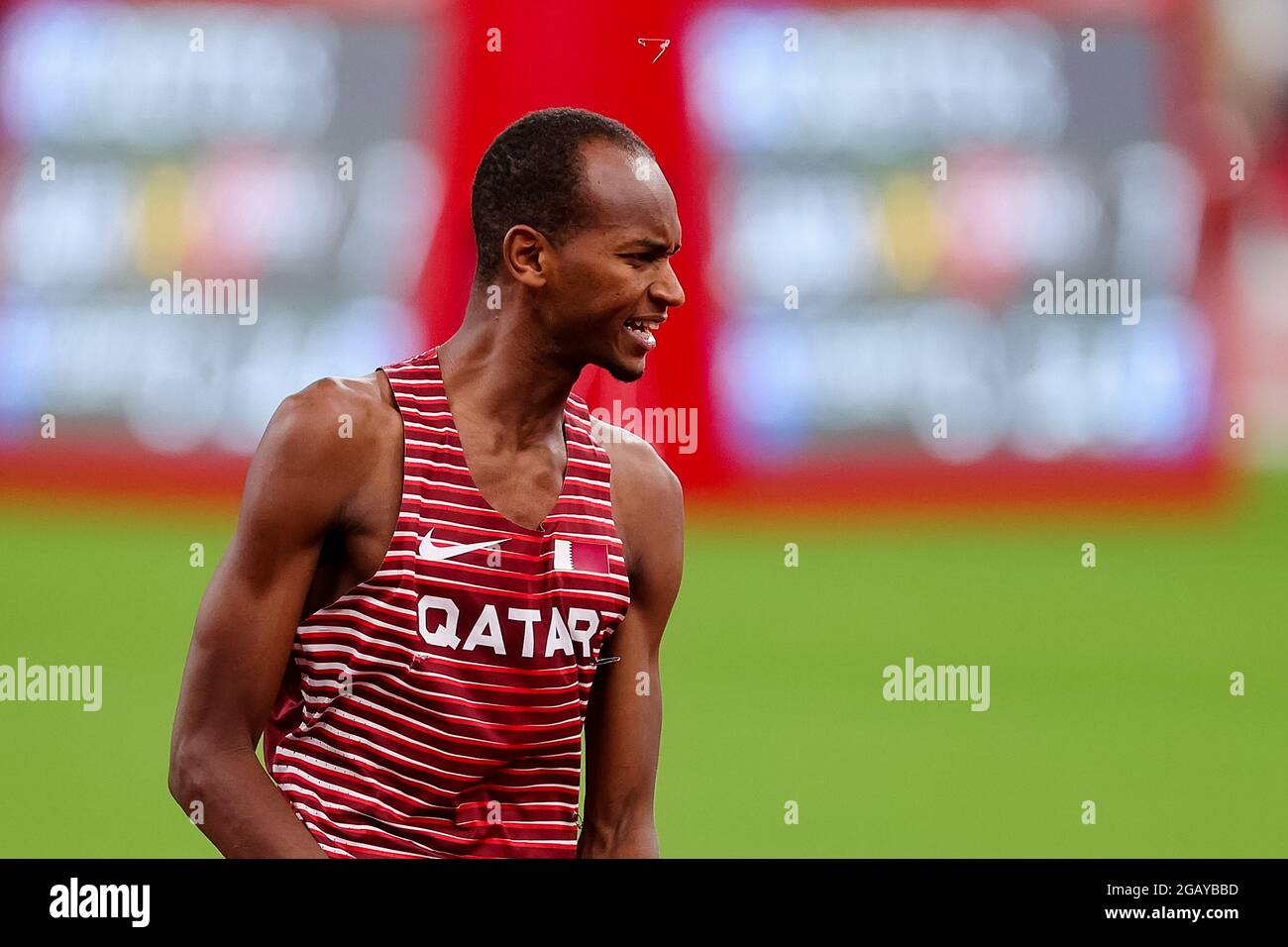 Tokyo, Japon, 1er août 2021. Mutaz Essa Barshim de l'équipe Qatar célèbre lors de la finale masculine de saut en hauteur le jour 9 des Jeux Olympiques de Tokyo 2020. Credit: Pete Dovgan/Speed Media/Alay Live News Banque D'Images