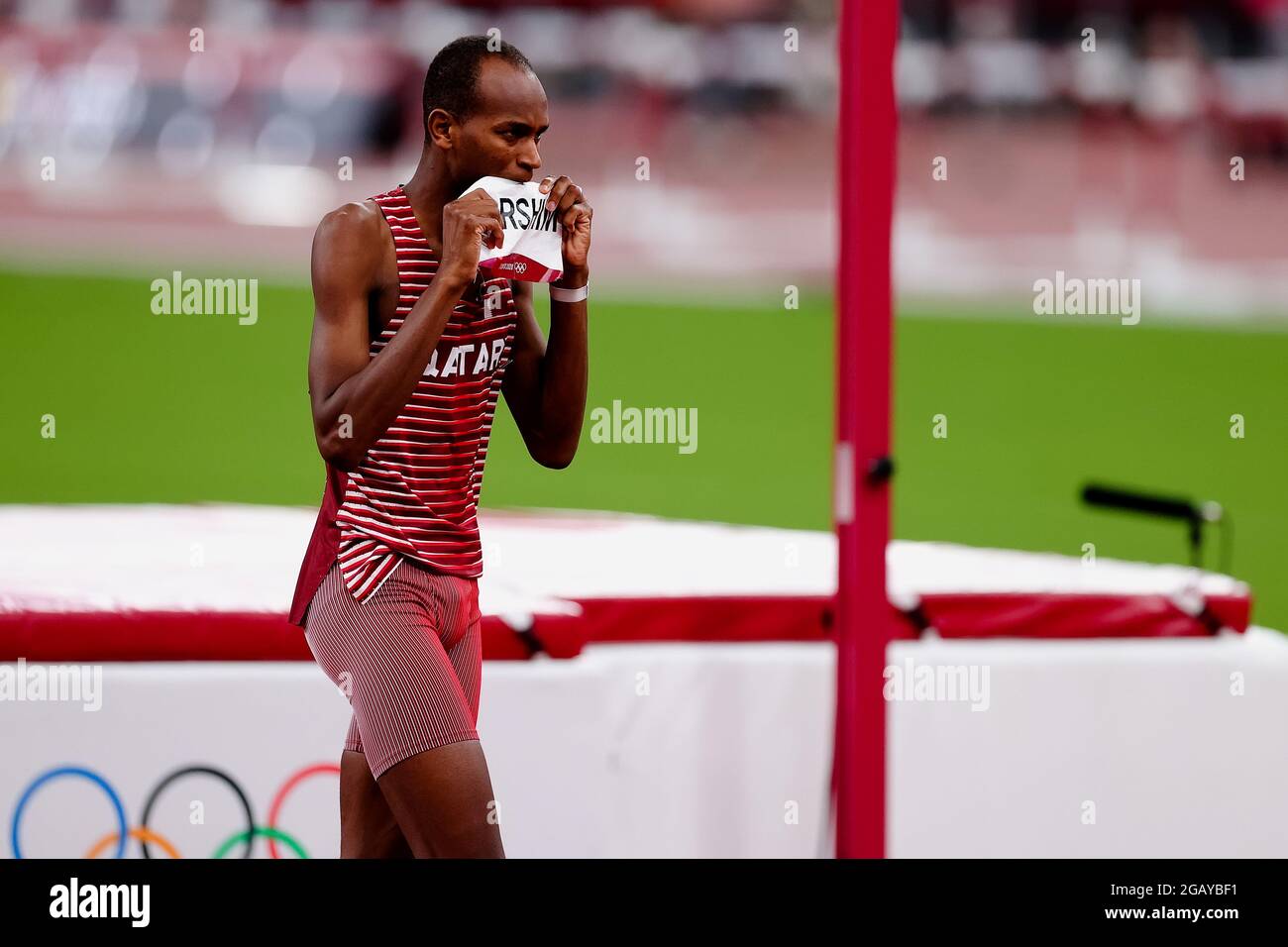 Tokyo, Japon, 1er août 2021. Mutaz Essa Barshim de l'équipe Qatar célèbre lors de la finale masculine de saut en hauteur le jour 9 des Jeux Olympiques de Tokyo 2020. Credit: Pete Dovgan/Speed Media/Alay Live News Banque D'Images