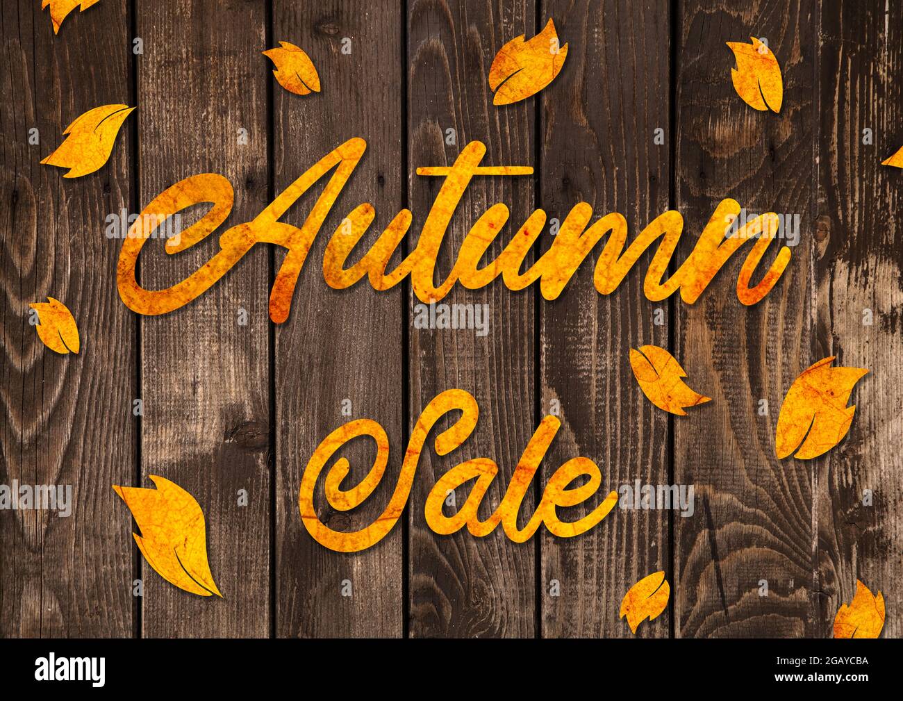 Panneau de vente d'automne fait de feuilles d'automne sur fond de bois Banque D'Images