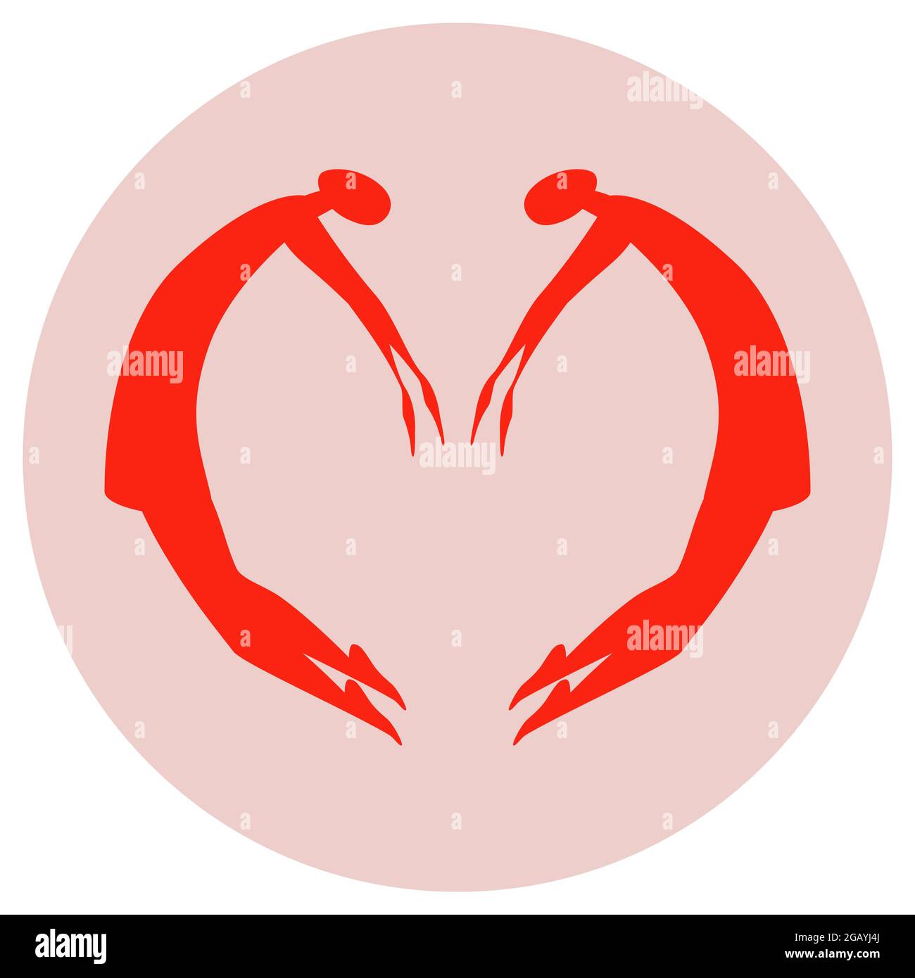 Couple saut et forme de coeur avec leur corps. Silhouette rouge des femmes sur fond rose cercle. Illustration vectorielle de symbole d'amour. Isolé Illustration de Vecteur