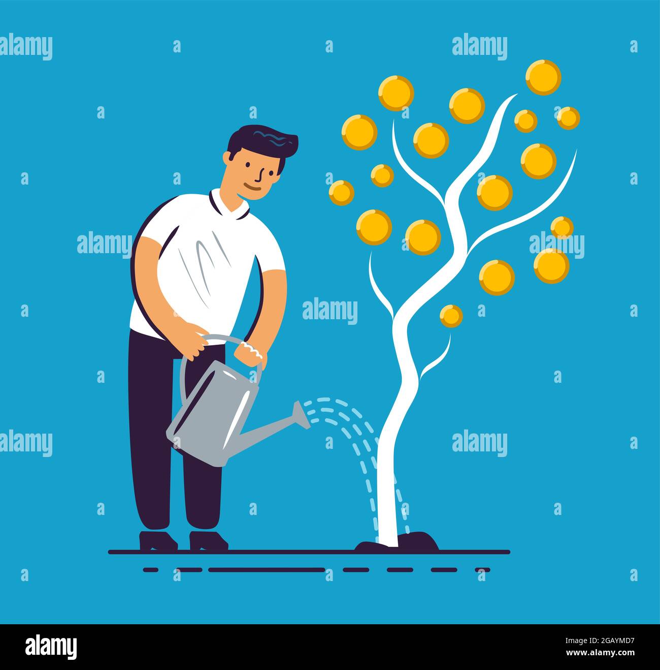 Homme d'affaires arrosant un arbre d'argent. Concept d'entreprise dans un style plat Illustration de Vecteur