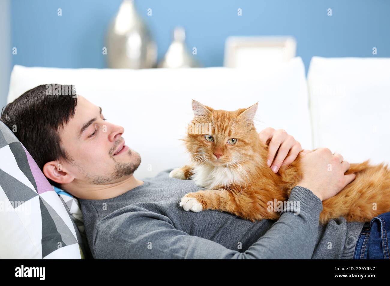 Jeune Homme Avec Chat Moelleux Allonge Sur Un Canape Photo Stock Alamy