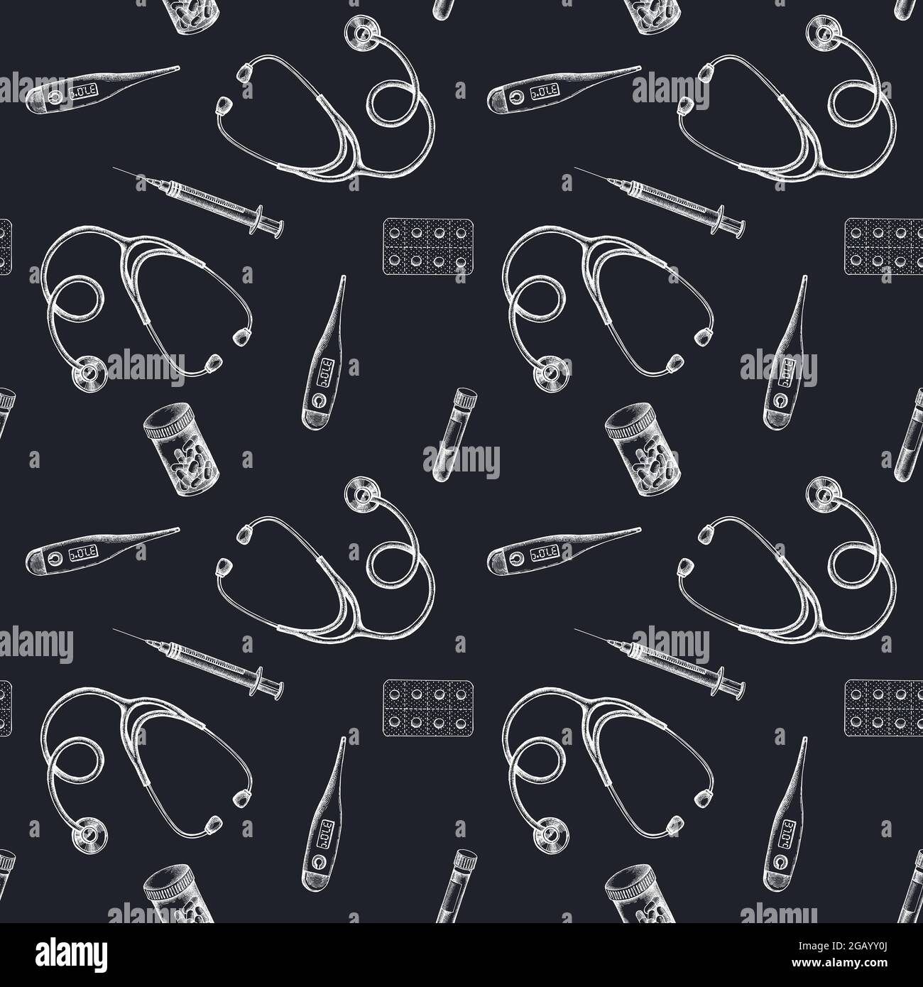Schéma sans couture avec flacon de craie tiré à la main de sang, pilules et médicaments, thermomètre médical, stéthoscope, seringue Illustration de Vecteur