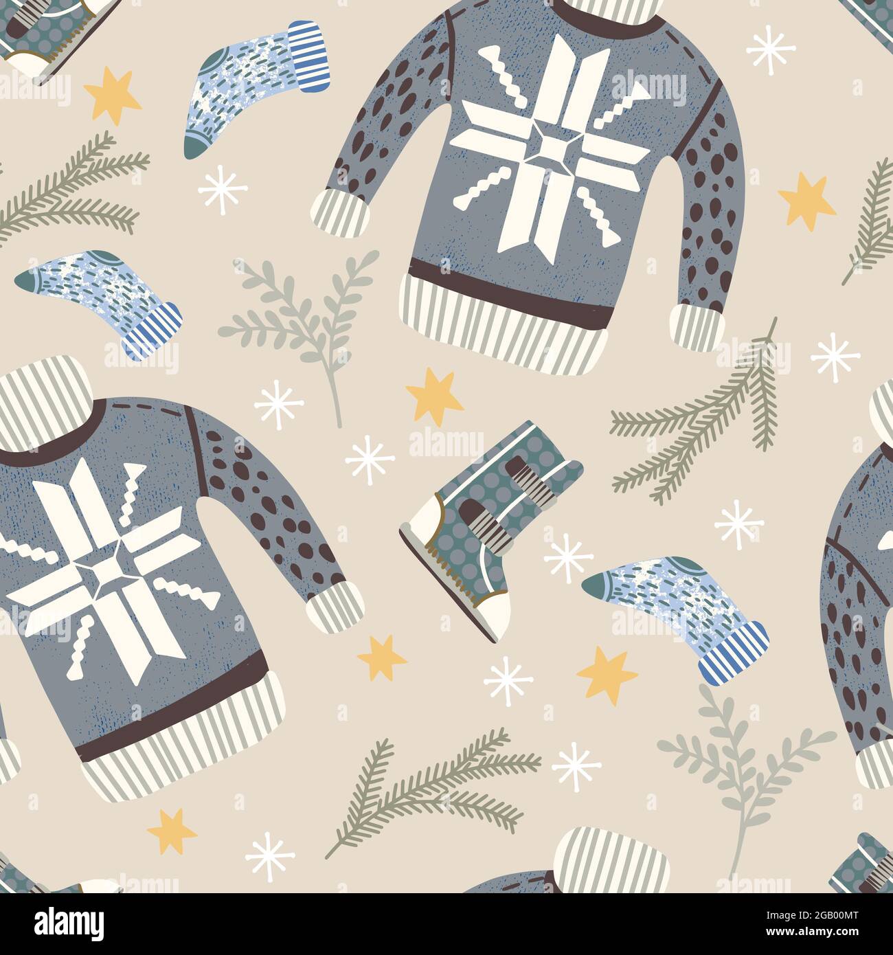 Motif sans couture avec éléments de Noël et vêtements d'hiver. Illustration de Vecteur
