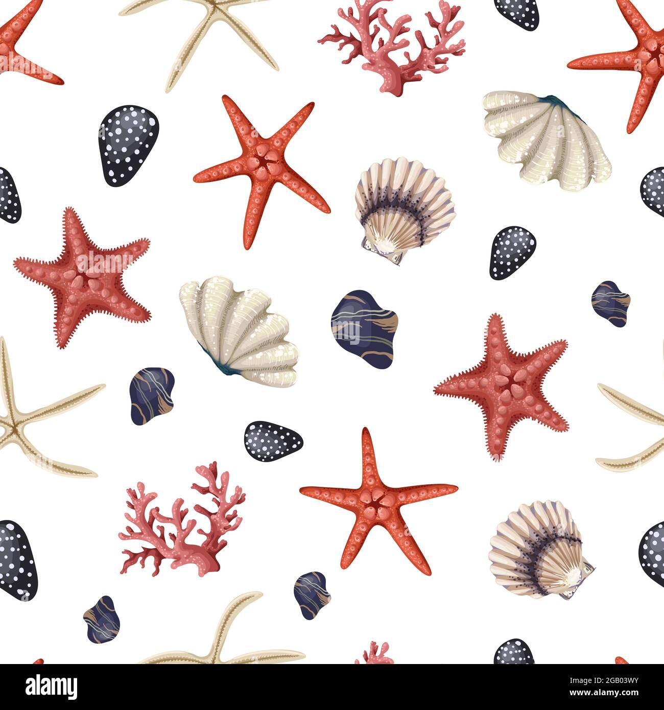 Motif sans couture avec étoiles de mer rouges, coquillages et corail. Impression de tendances vectorielles. Illustration de Vecteur