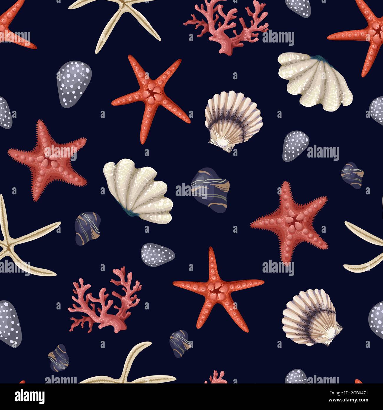 Motif sans couture avec étoiles de mer rouges, coquillages et corail. Imprimé vectoriel tendance. Illustration de Vecteur