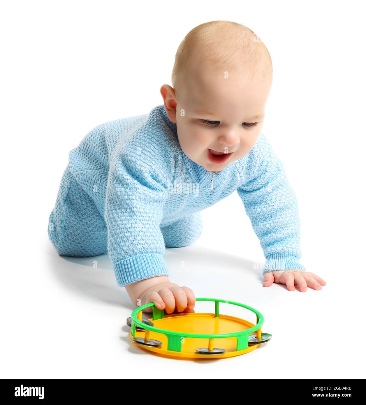 Adorable Bebe Avec Tambourin Colore En Plastique Isole Sur Fond Blanc Photo Stock Alamy