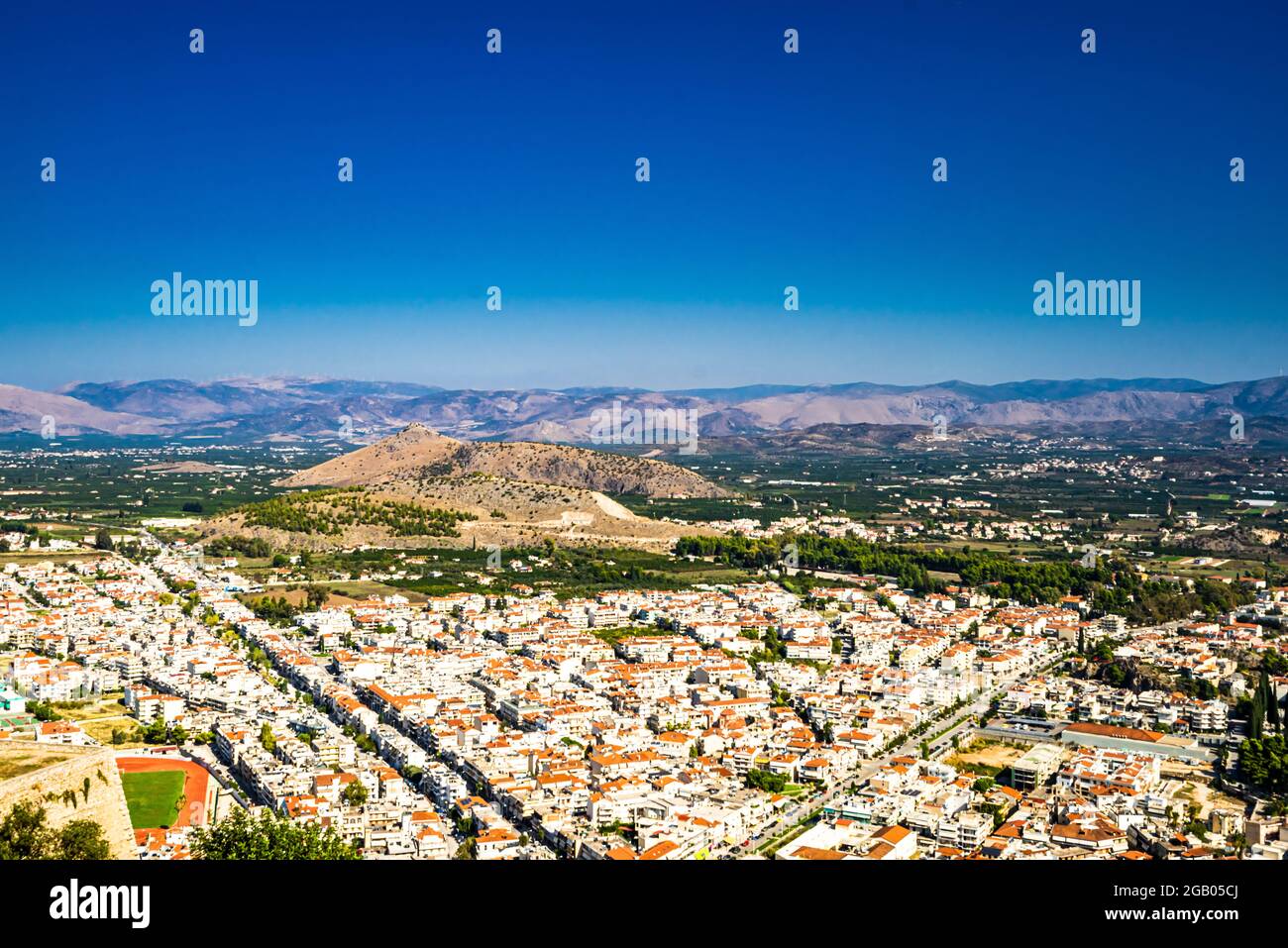 Vue panoramique aérienne de Nafplio depuis la forteresse de Palamidi, Péloponnes Grèce Banque D'Images