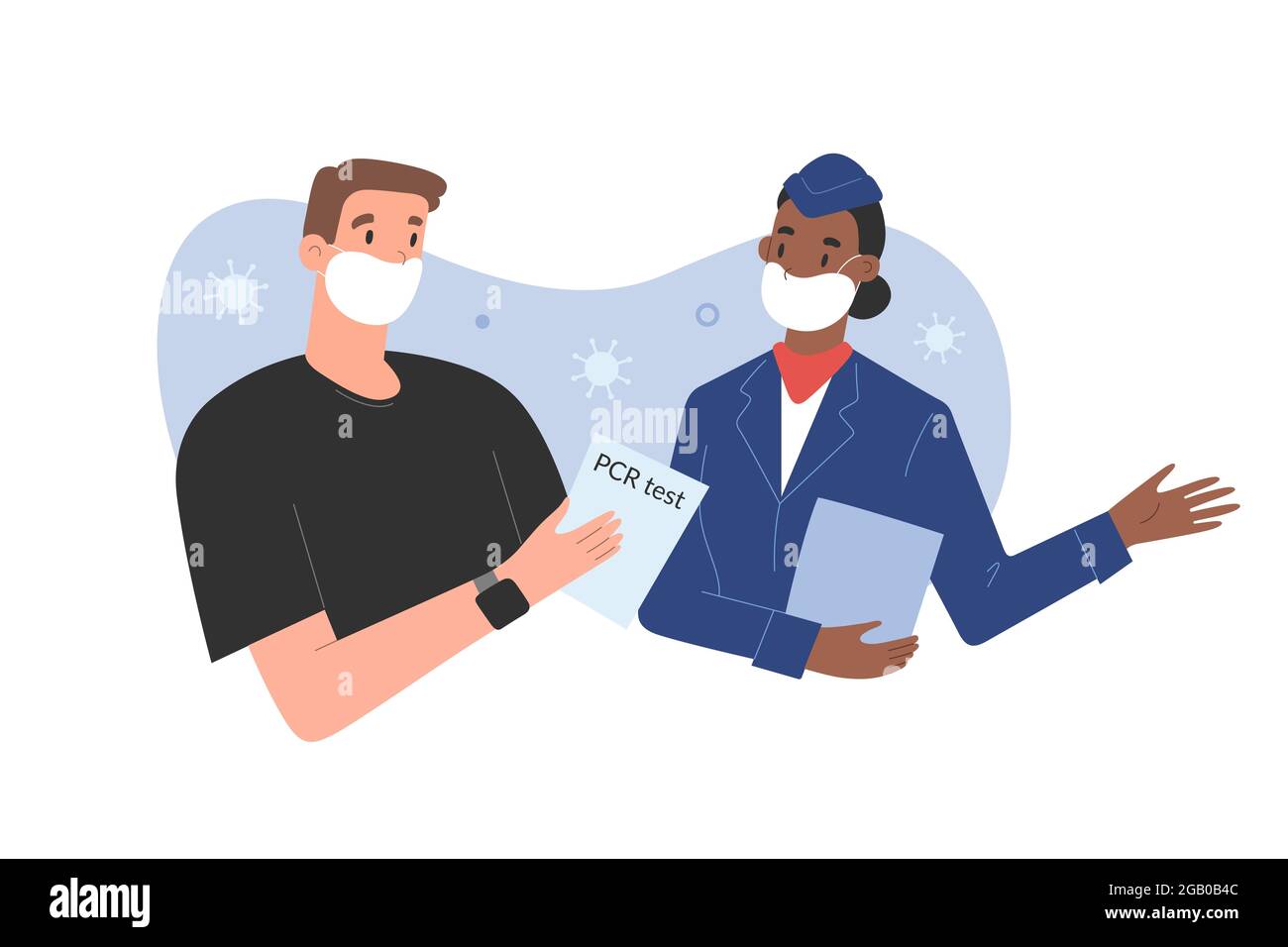 Jeune homme passant la frontière avec résultat négatif de test PCR pour Covid-19, montrant son certificat à l'hôtesse à l'aéroport, portant un masque, dessin animé vectoriel Illustration de Vecteur Jeune homme passant la frontière avec résultat négatif de test PCR pour Covid-19, montrant son certificat à l'hôtesse à l'aéroport, portant un masque, dessin animé vectoriel Illustration de Vecteur