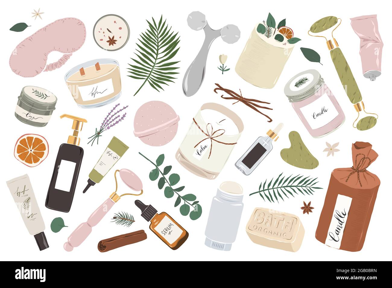 Divers soins et outils de beauté pour la peau, sérum, hydratant, masque de sommeil, masseur facial à roulettes et bougie parfumée, bien-être et bien-être Illustration de Vecteur
