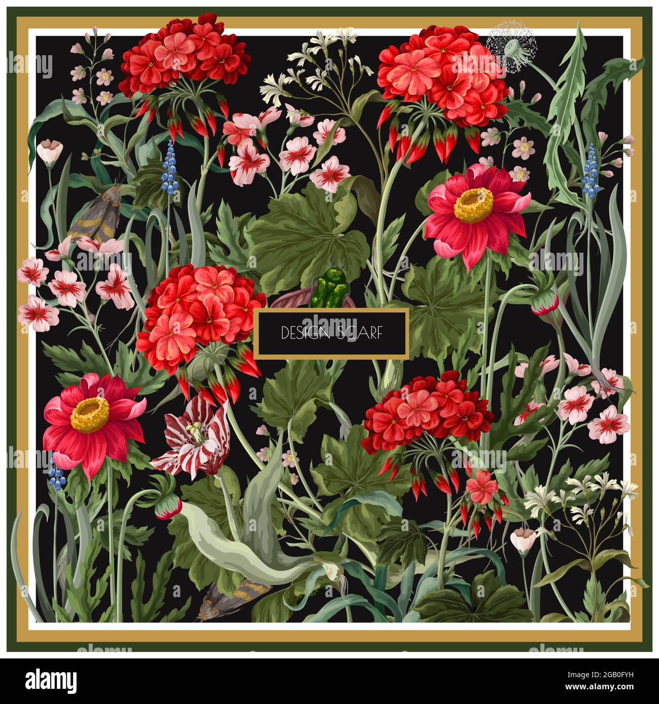 Foulard à motifs avec géraniums et fleurs sauvages. Imprimé fleuri vectoriel tendance. Illustration de Vecteur