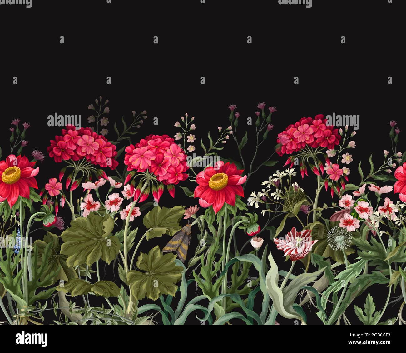 Bordure avec des géraniums et des fleurs sauvages. Imprimé fleuri vectoriel tendance. Illustration de Vecteur