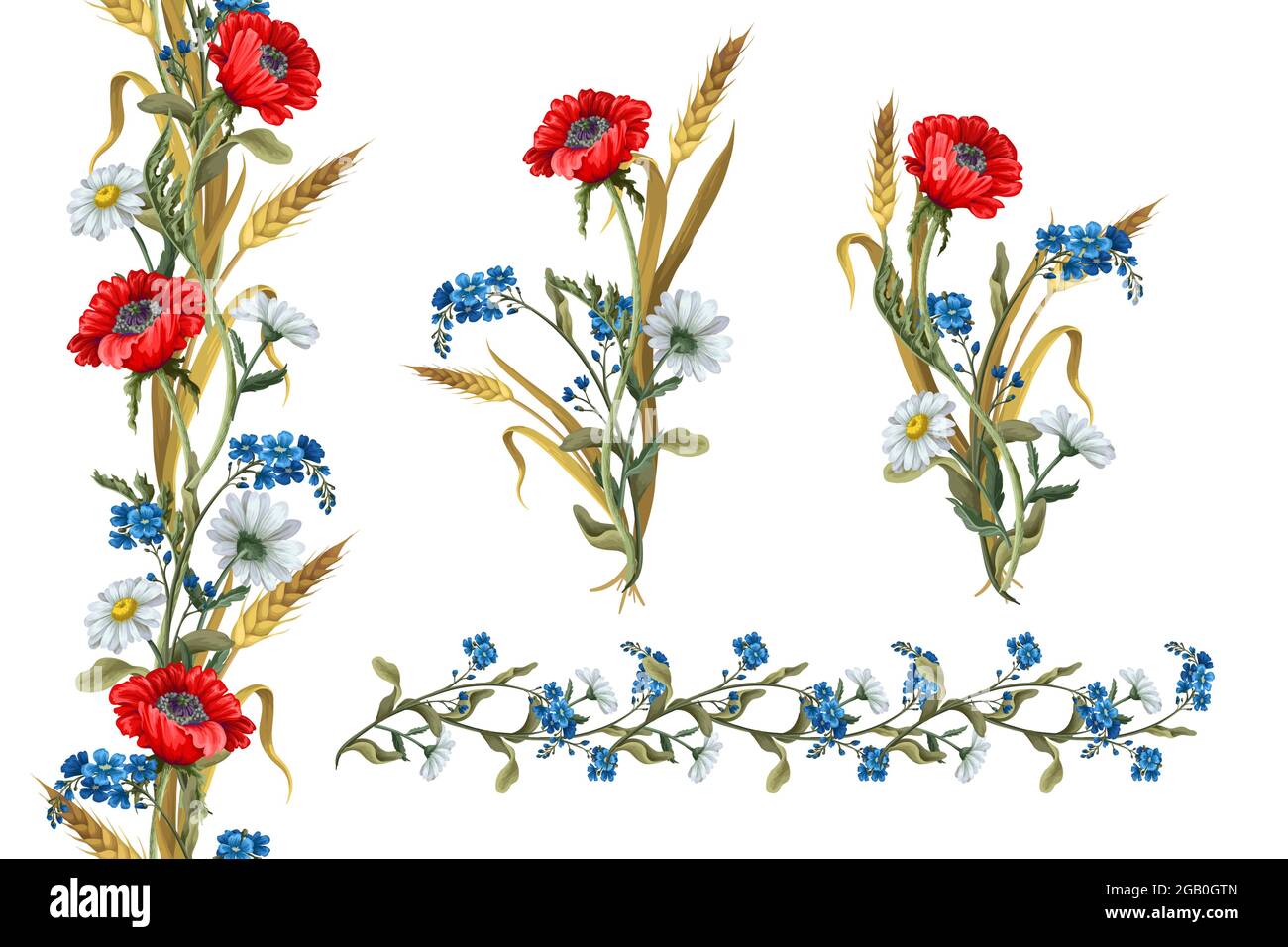 Bouquets aux fleurs botaniques comme les coquelicots, la camomille, l'oreille de blé et la bordure. Illustration de Vecteur