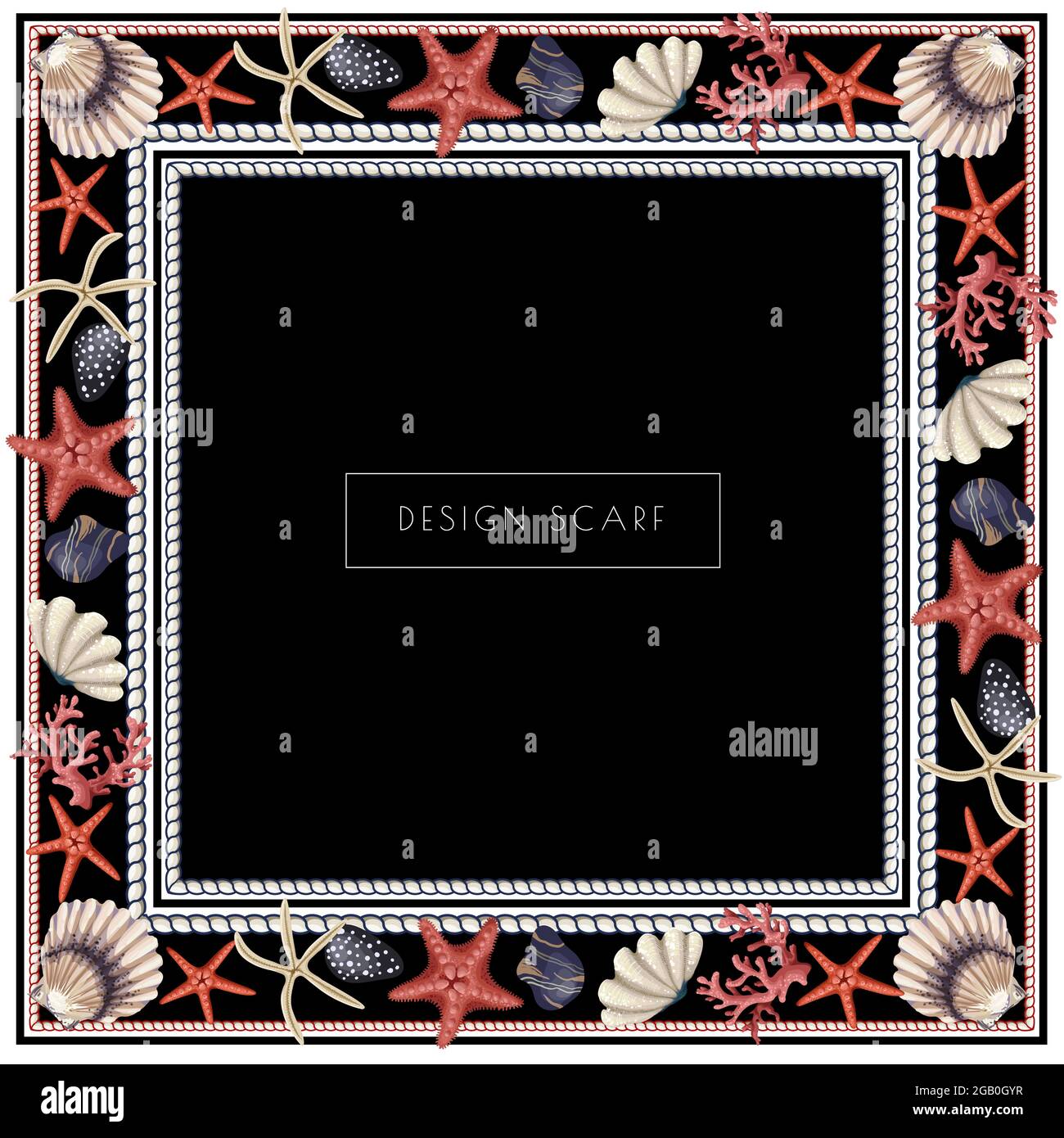 Foulard à motif étoiles de mer, coquillages et corde. Imprimé vectoriel tendance. Illustration de Vecteur