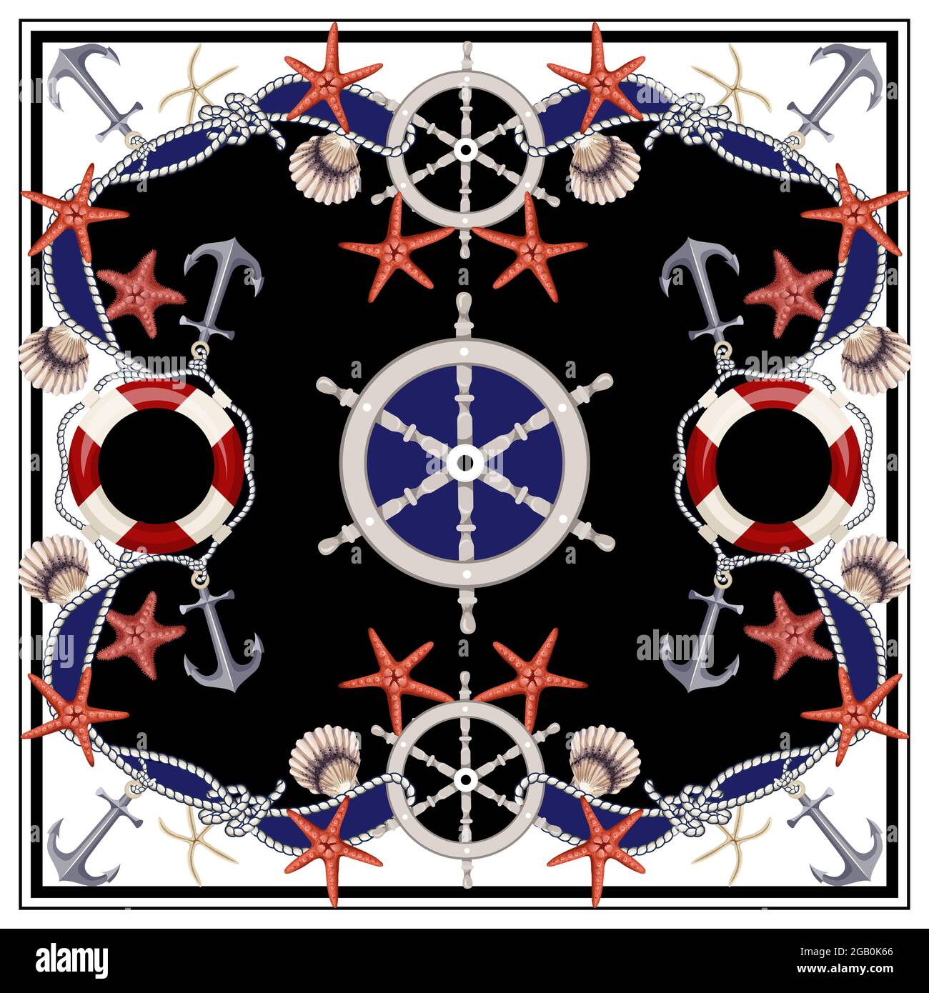Foulard design avec étoiles de mer, ancres, coquillages et bouées de sauvetage. Vecteur. Illustration de Vecteur