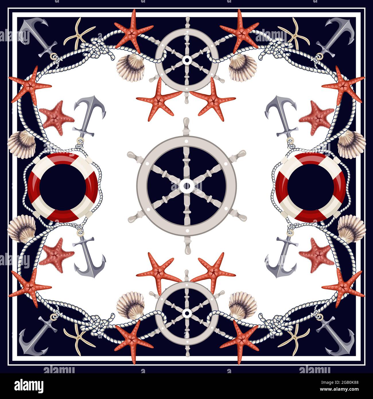 Foulard design avec étoiles de mer, ancres, coquillages et bouées de sauvetage. Vecteur. Illustration de Vecteur