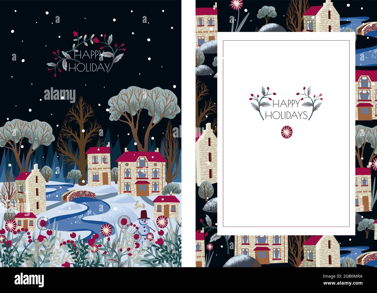 Carte de vœux ou affiche avec la ville de Noël. Ville enneigée avec rivière et arbres. Illustration de Vecteur