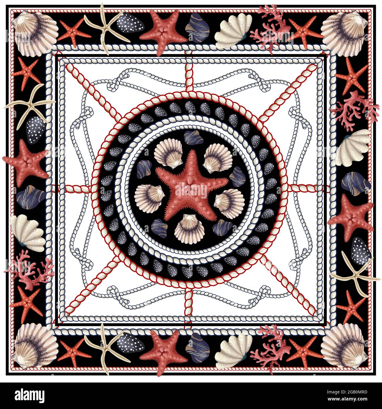 Foulard à motif étoiles de mer, coquillages et corde. Imprimé vectoriel tendance. Illustration de Vecteur