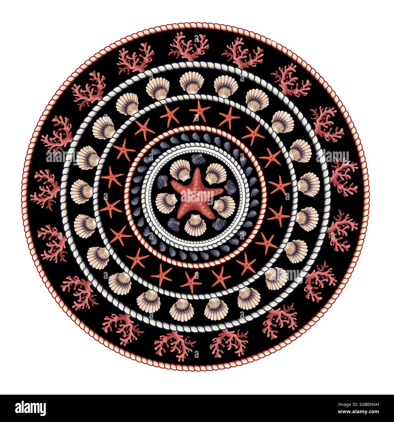 Foulard rond à motif étoiles de mer, coquillages et corde. Imprimé vectoriel tendance. Illustration de Vecteur