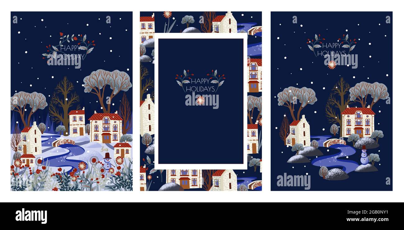 Carte de vœux ou affiche avec la ville de Noël. Ville enneigée avec rivière et arbres. Illustration de Vecteur