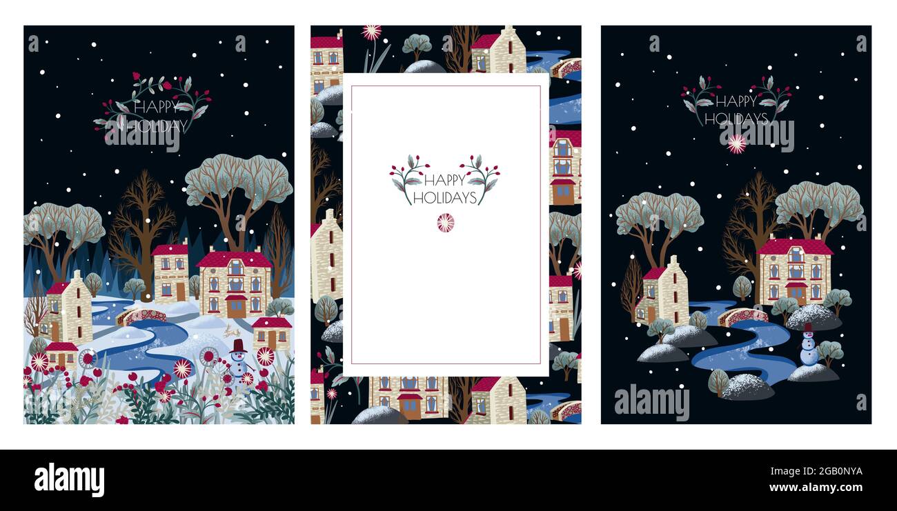 Carte de vœux ou affiche avec la ville de Noël. Ville enneigée avec rivière et arbres. Illustration de Vecteur