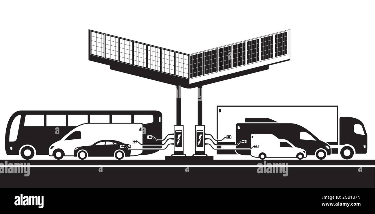 Différents véhicules électriques à la station de charge avec panneaux solaires Illustration de Vecteur