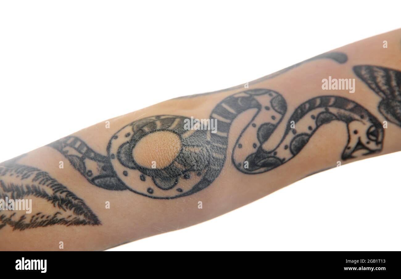 Tatouage de serpent sur le bras de femme sur fond blanc Photo Stock - Alamy