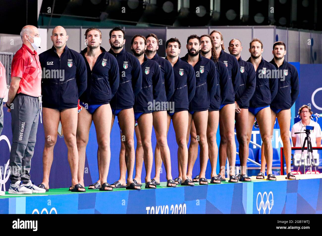 TOKYO, JAPON - 2 AOÛT : Pietro Figlioli d'Italie, Marco del Lungo d'Italie, Francesco di Fulvio d'Italie, Stefano Luongo d'Italie, Nicholas Presciutti d'Italie, Allessandro Velotto d'Italie Vincenzo Renzuto d'Italie, Gonzalo Echenique d'Italie, Niccolo Figari d'Italie, Michael Bodegas d'Italie, Matteo Aicardi d'Italie, Vincenzo Dolce d'Italie lors du match des hommes du Tournoi de water-polo olympique de Tokyo 2020 entre l'équipe Hongrie et l'équipe Italie au Centre de Waterpolo de Tatsumi le 2 août 2021 à Tokyo, Japon (photo de Marcel ter Pals/Orange Pictures) Banque D'Images