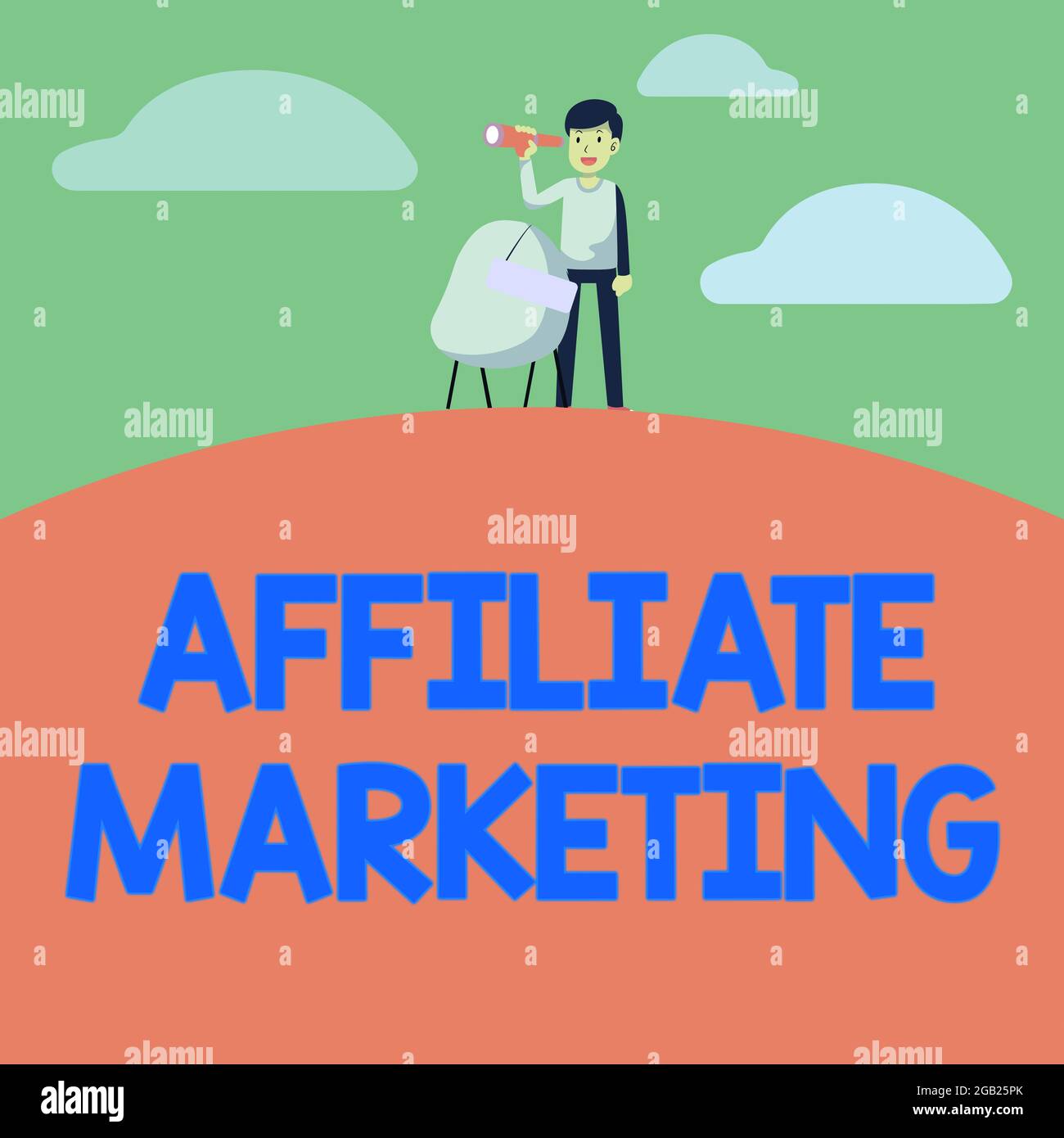 Affiche textuelle montrant le marketing affilié. Compensation conceptuelle de photo aux éditeurs tiers pour générer des fils Man jumelles Illustration debout Banque D'Images