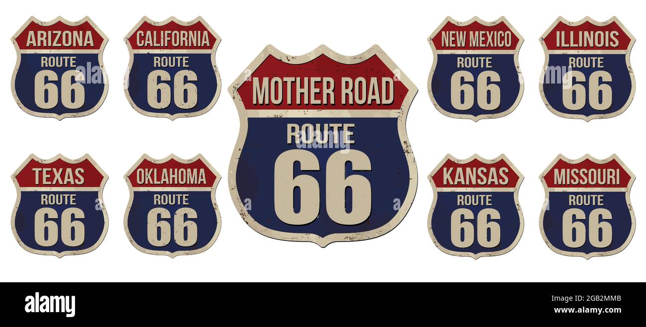 Ensemble de la route 66 american Highway vintage panneaux en métal rouillé sur fond blanc, illustration vectorielle Illustration de Vecteur