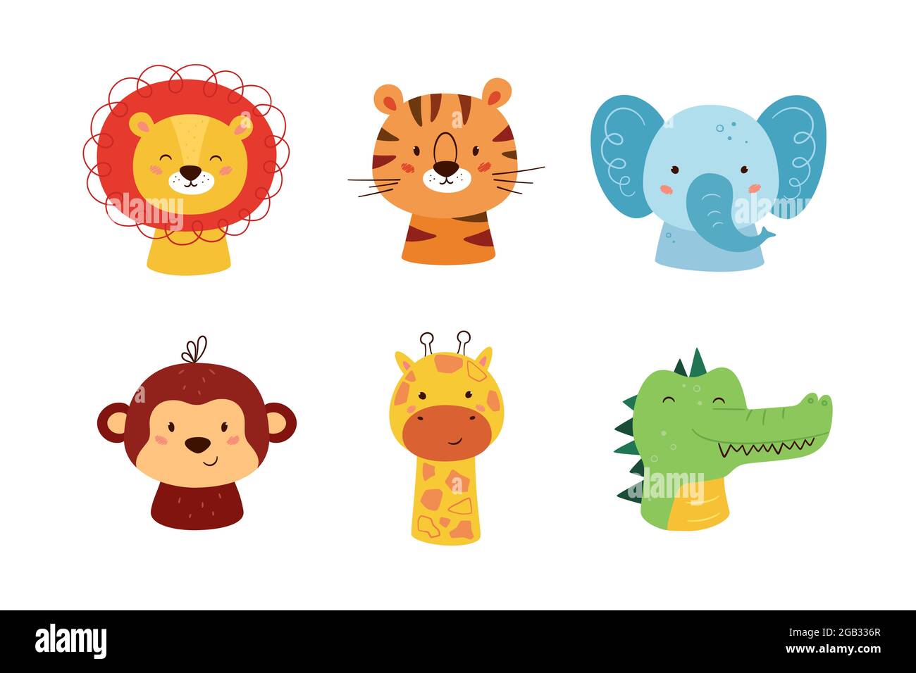 Personnages de kawaii animaux mignons. Drôle de lion, tigre, girafe, éléphant, singe et crocodile. Les visages des animaux sauvages. Illustration vectorielle isolée sur Illustration de Vecteur