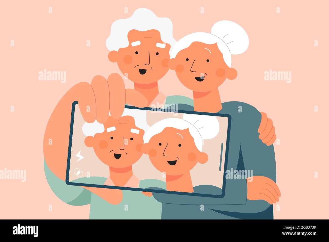 Illustration plate de deux anciens de cheveux blancs couple prenant le selfie sur smartphone Illustration de Vecteur