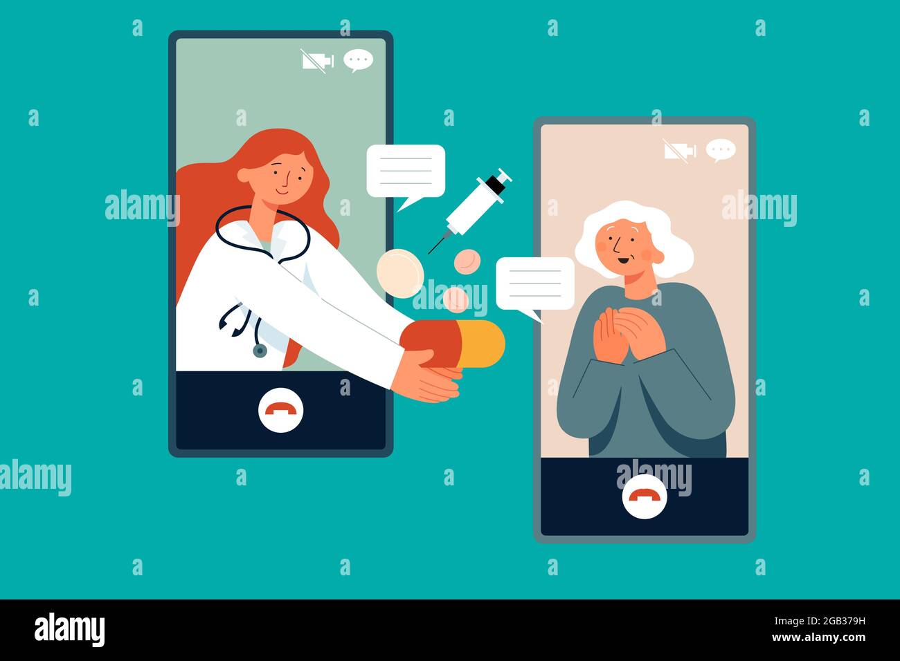 Illustration plate d'un médecin consultant une femme aînée via un appel vidéo à l'aide d'un smartphone. Concept de télémédecine pour la prestation de soins à distance Illustration de Vecteur