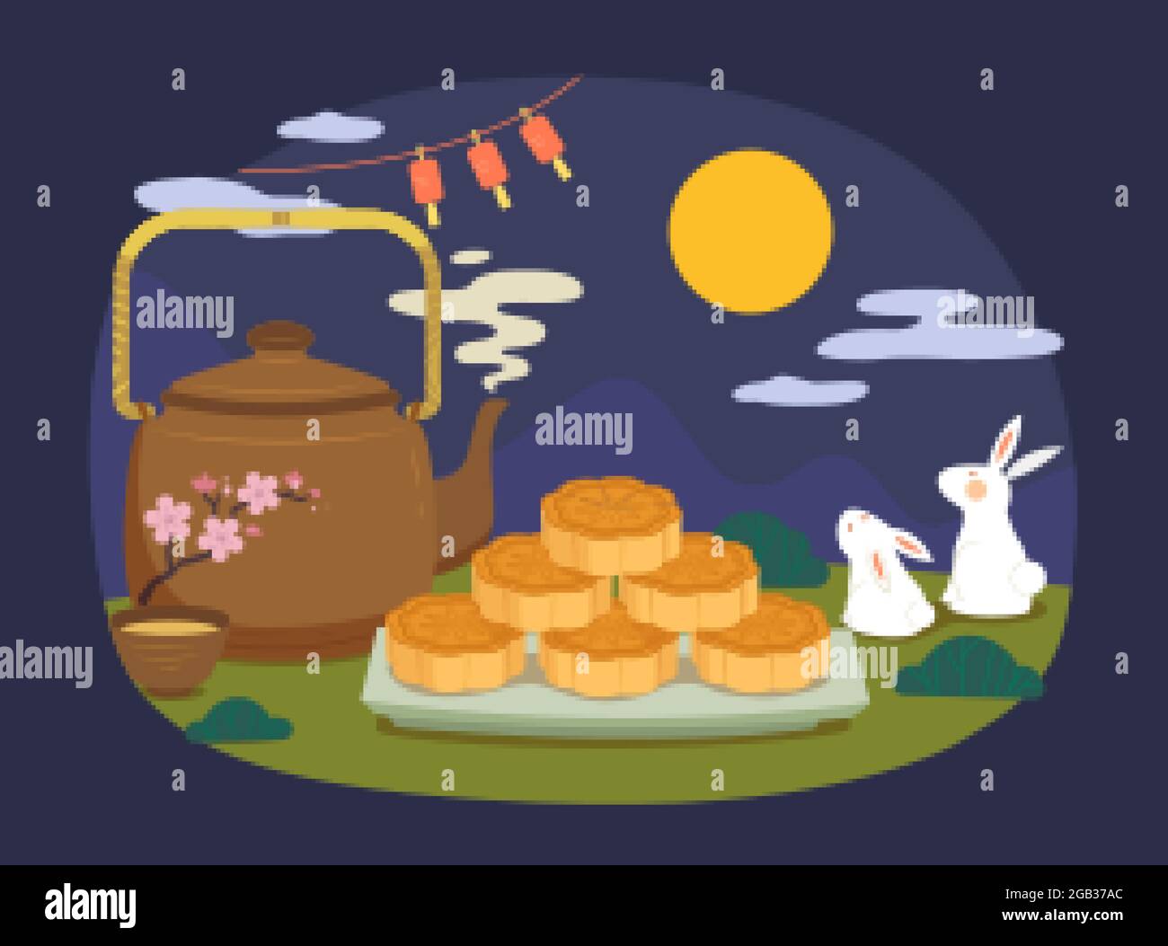 Fête de la mi-automne des gâteaux de lune. Illustration plate du festival chinois du gâteau de lune, pâtisserie sucrée et thé chaud Illustration de Vecteur