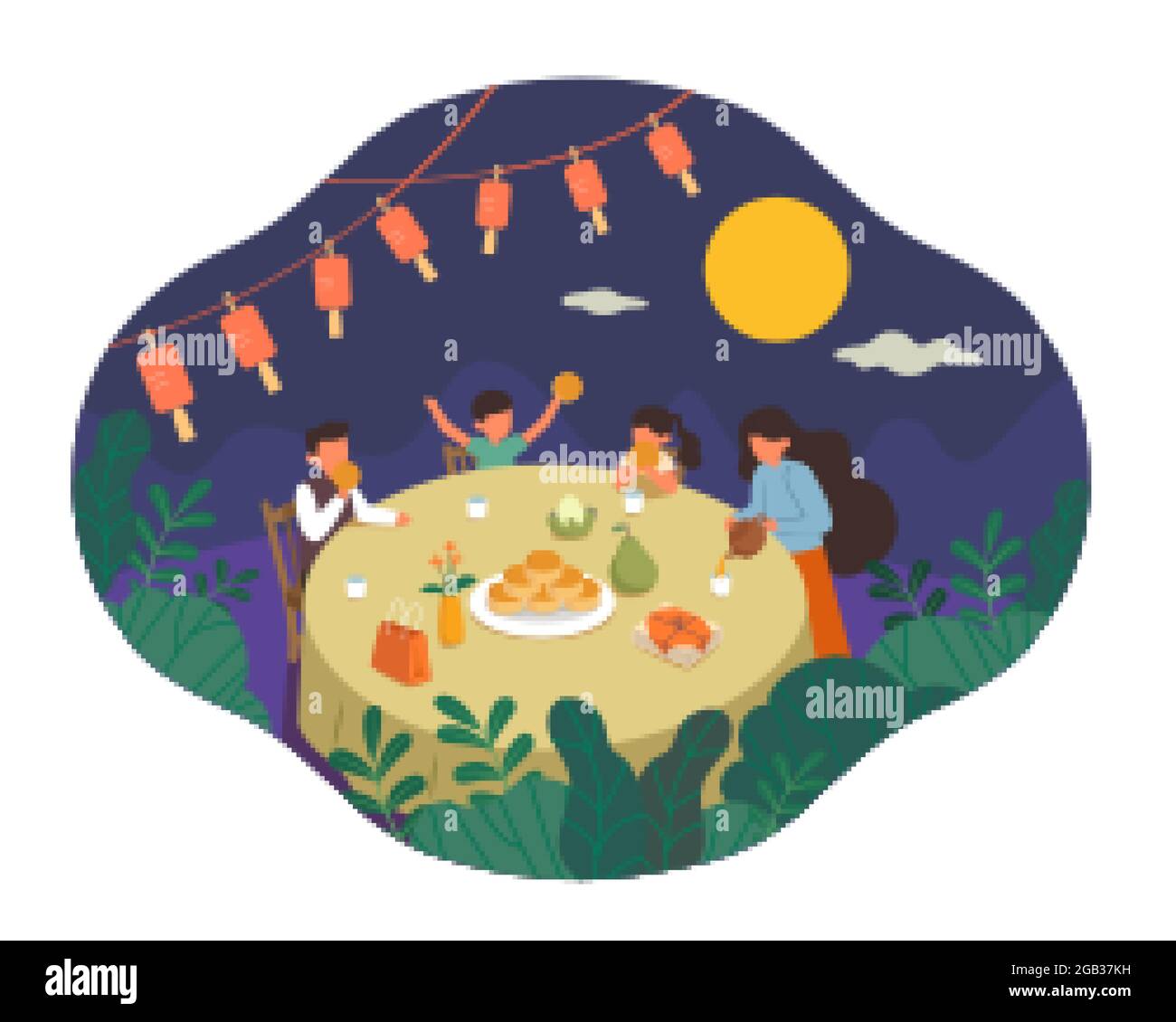 Design du festival de mi-automne. Illustration plate de personnes ayant une réunion de famille en plein air sous la pleine nuit de lune Illustration de Vecteur