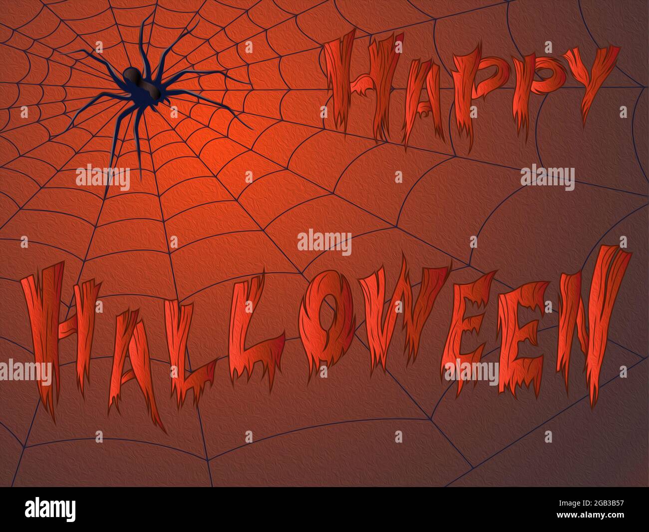 Carte postale avec toile d'araignée et araignée terrible avec les souhaits de l'Halloween heureuse sur le fond avec dégradé, illustration comme un motif de vacances Banque D'Images