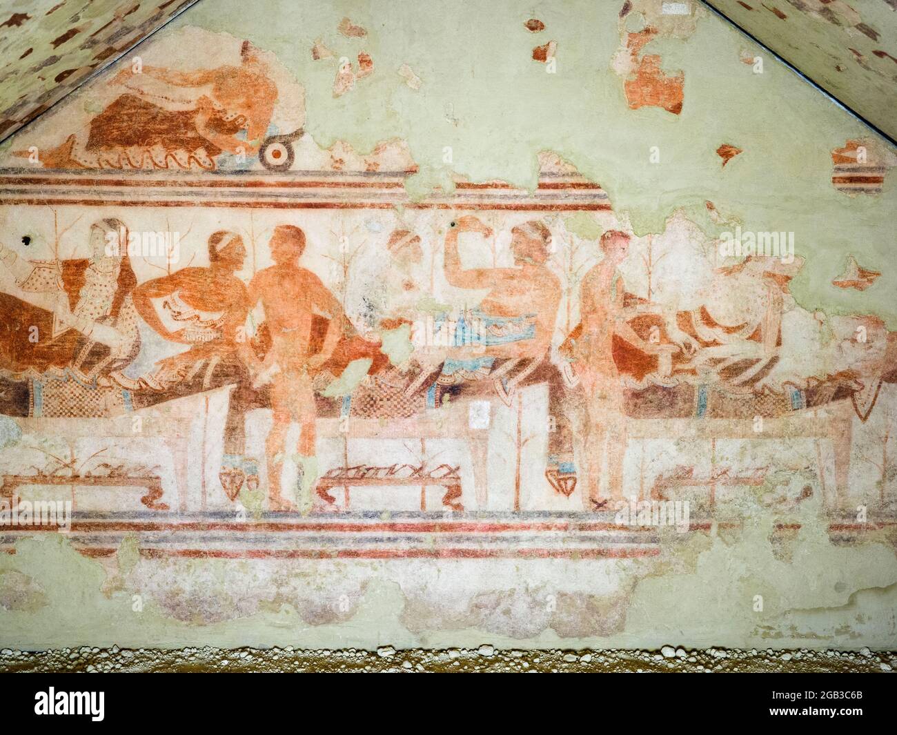 Mur peint en plein air à Tomba della nave (tombeau de bateau) 5e siècle avant JC - Musée archéologique national de Tarquinia, Italie Banque D'Images