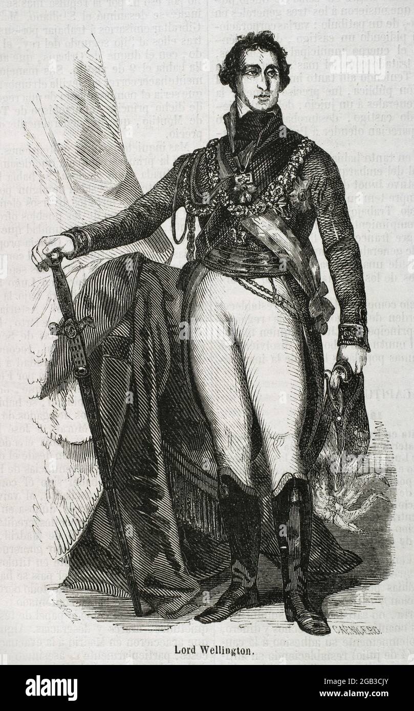 Arthur Colley Wellesley, 1er duc de Wellington (1769-1852). Général et politicien britannique. Pendant la guerre péninsulaire, il a dirigé les troupes britanniques qui combattaient Napoléon en Espagne. Portrait. Illustration de Zarza. Gravure par Carnicero. Historia général de España par Padre Mariana. Madrid, 1853. Auteur: 19E SIÈCLE. Eusebio Zarza (1842-1881). Artiste espagnol. Carnicero. Graveur espagnol. Banque D'Images