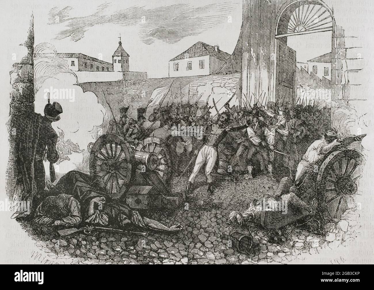 Espagne, Madrid. Défense du parc d'artillerie de Monteleón pendant le soulèvement de dos de Mayo, 1808. Illustration de Miranda. Gravure de Rico. Historia général de España par le Père Mariana. Madrid, 1853. Auteur: 19E SIÈCLE. Bernardo Rico (1825-1894). Peintre et graveur espagnol. Miranda. Artiste espagnol. Banque D'Images