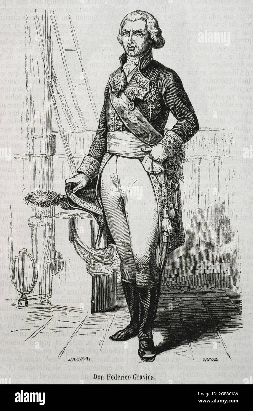 Federico Gravina (1756-1806). Amiral espagnol pendant la Révolution américaine et les guerres napoléoniennes. Il est mort à la suite des blessures subies pendant la bataille de Trafalgar. Portrait. Illustration de Zarza. Gravure par Capuz. Historia général de España par le Père Mariana. Madrid, 1853. Auteur: Eusebio Zarza (1842-1881). Artiste espagnol. Tomás Carlos Capuz (1834-1899). Graveur espagnol et xylographe. Banque D'Images