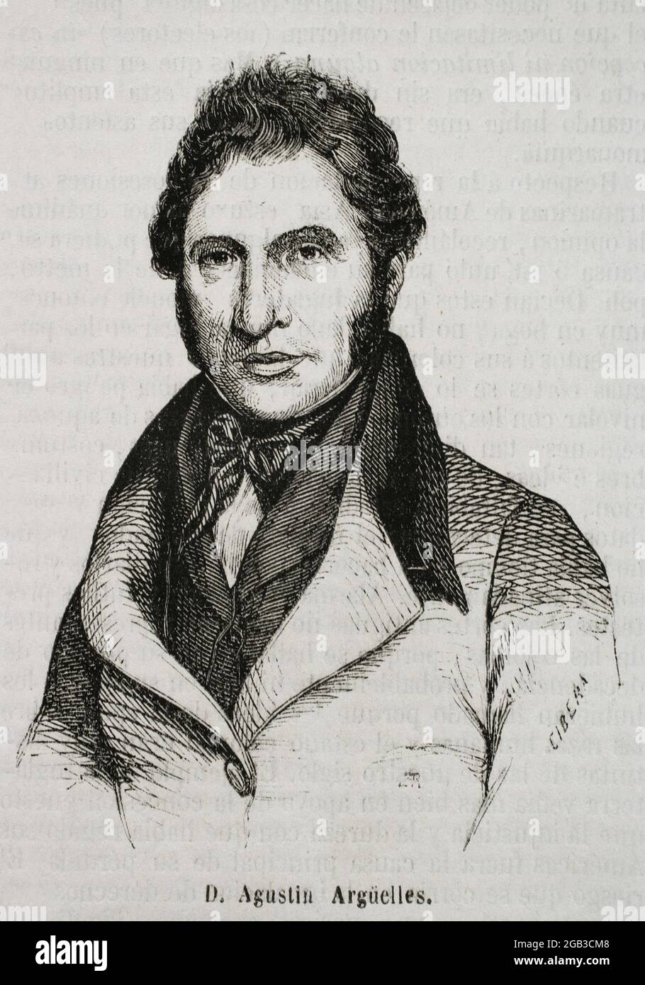 Agustín José Argüelles Alvarez (1776-1844). Connu sous le nom de « El Divino ». Politicien libéral espagnol, diplomate, ministre et président du Congrès des députés en 1841. Il était le tuteur de la reine Isabella II Portrait. Gravure par Cibera. Historia général de España par le Père Mariana. Madrid, 1853. Auteur: Ildefonso Cibera. Illustrateur espagnol et xylographe de la seconde moitié du XIXe siècle. Banque D'Images