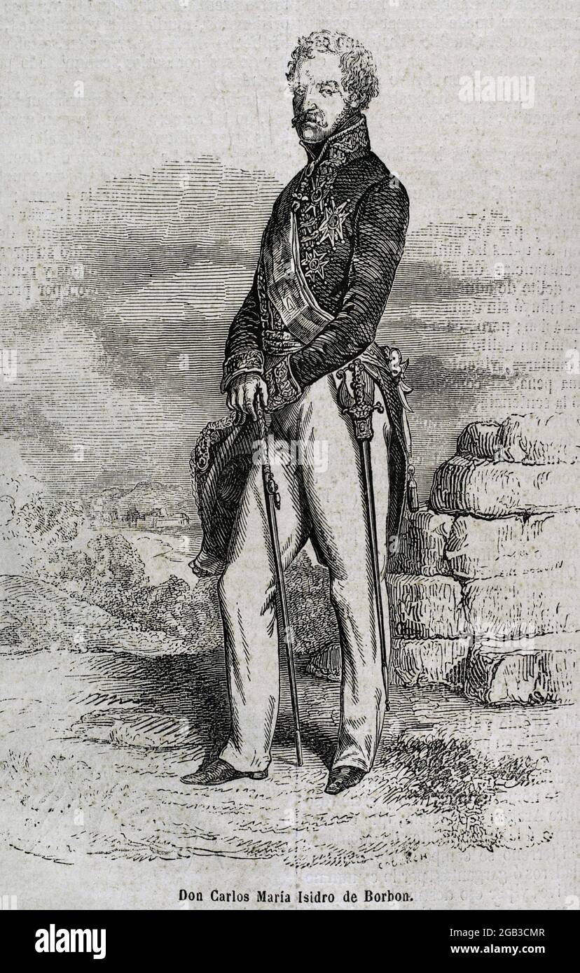 Carlos María Isidro de Borbón (1788-1855). Infante d'Espagne, le deuxième fils survivant du roi Charles IV Il a été le premier prétendre de Carlist au trône espagnol comme Charles V. Engraving. Historia général de España par le Père Mariana. Madrid, 1853. Banque D'Images