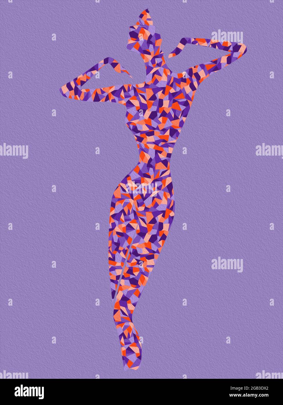 Charmante et gracieuse dame avec corps en formes abstraites dans des teintes violettes et orange sur fond violet, dessin à la main illustration Banque D'Images