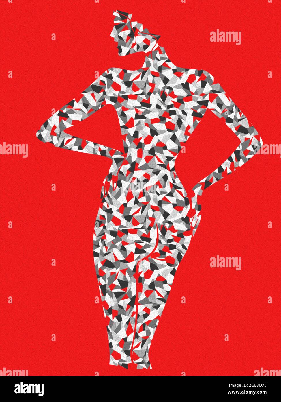 Femme charmante et gracieuse avec corps en formes abstraites dans des teintes rouges et monochromes sur fond lumineux, illustration de dessin à la main Banque D'Images