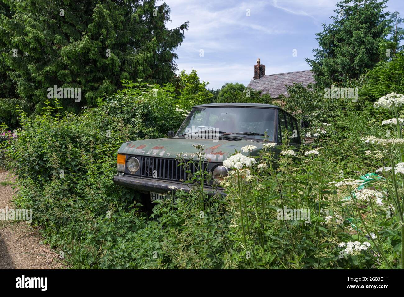 Broken Down Range Rover dans un jardin de devant surcultivé dans le village de Gayton, Northamptonshire, Royaume-Uni Banque D'Images