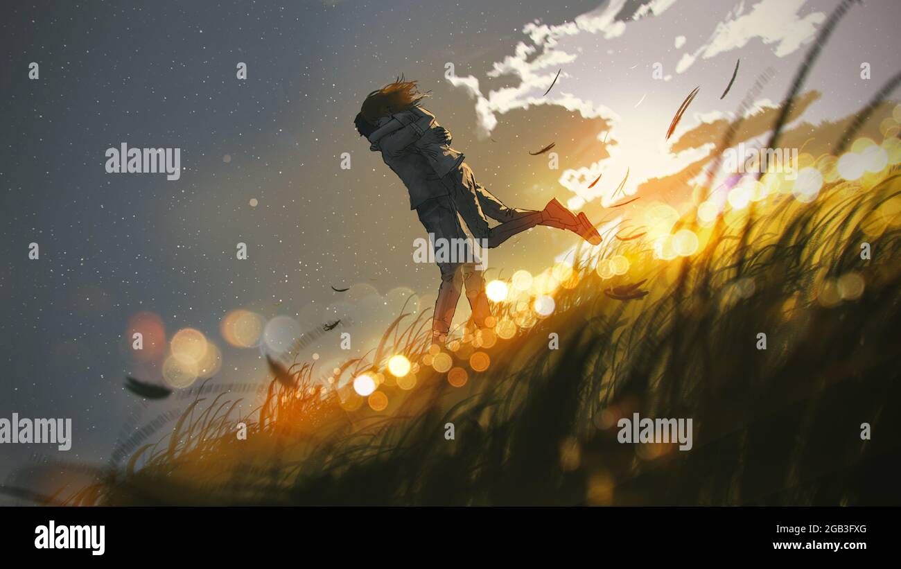 les couples s'embrassent les uns les autres en amoureux sur la colline, style d'art numérique, peinture d'illustration Banque D'Images