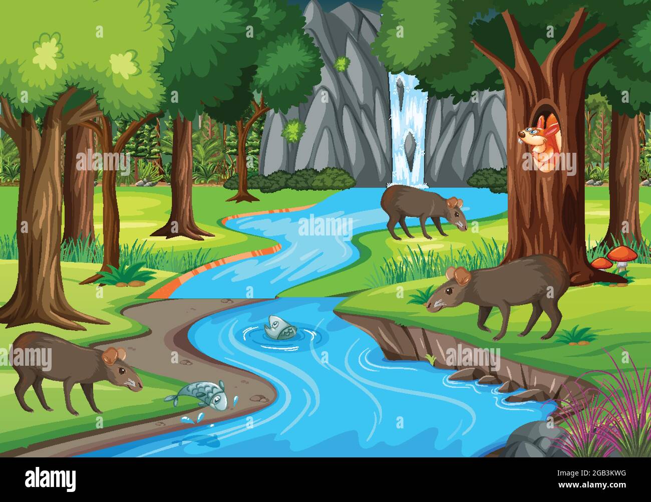 Scène de la nature avec ruisseau qui coule à travers la forêt avec illustration des animaux sauvages Illustration de Vecteur